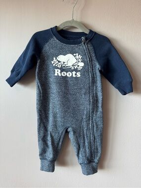 Roots Baby Heathered Blue Logo Diagonal Zipper Playsuit Jumpsuit Size 3-6 Months